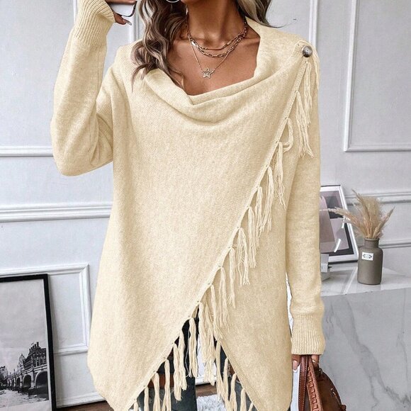 Apricot Casual Women's Fringe Trim Draped Collar Wrap Asymmetrical Sweater Dress - Picture 4 of 6